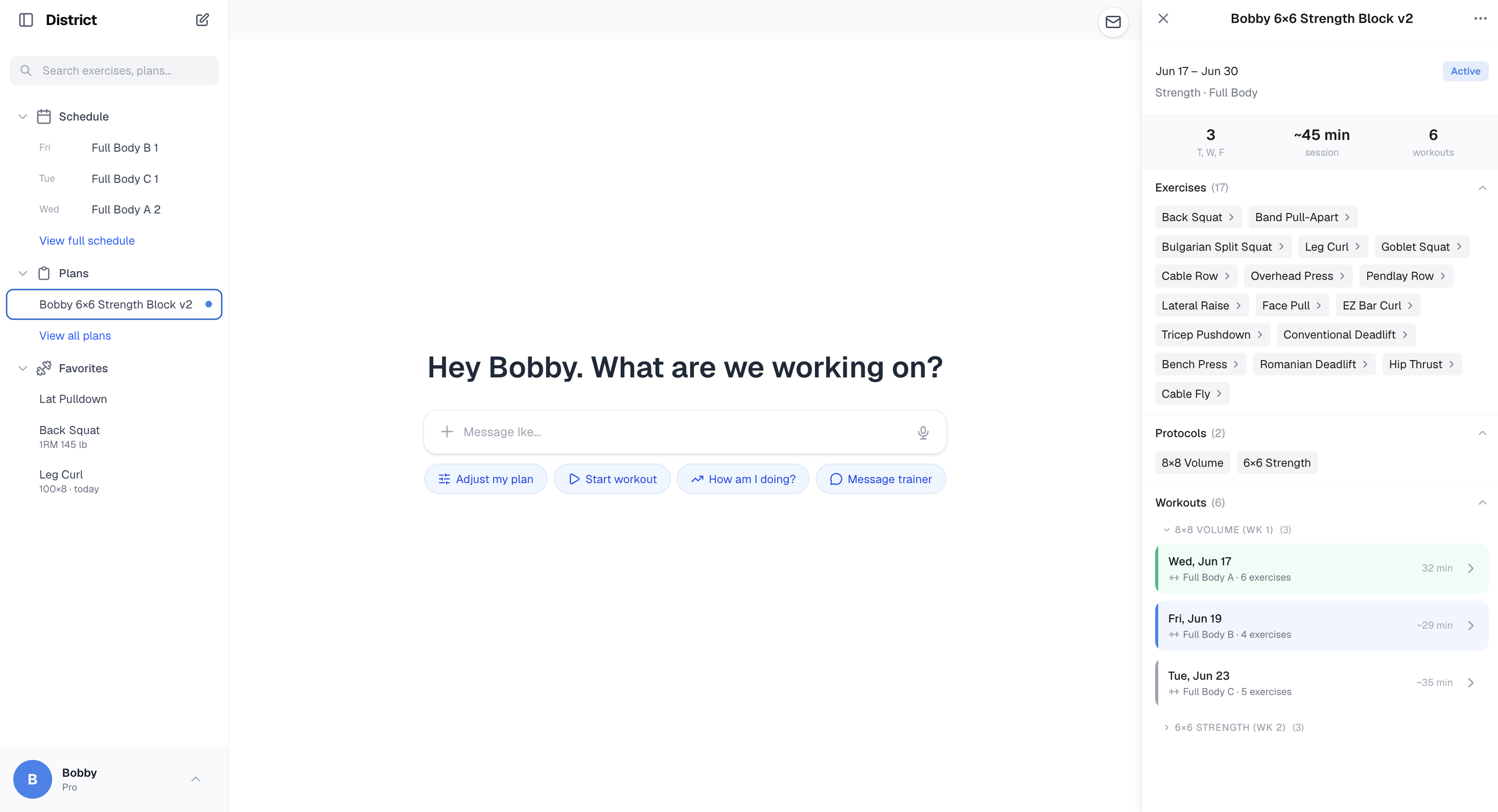 District on desktop &mdash; plans, chat with Ike, and your live training block