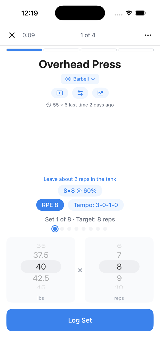 Logging a set mid-workout on iPhone
