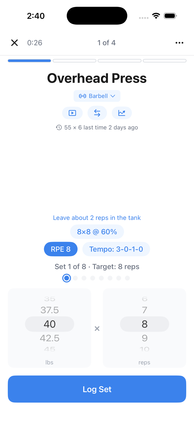 Logging a set mid-workout — guided prescription per set