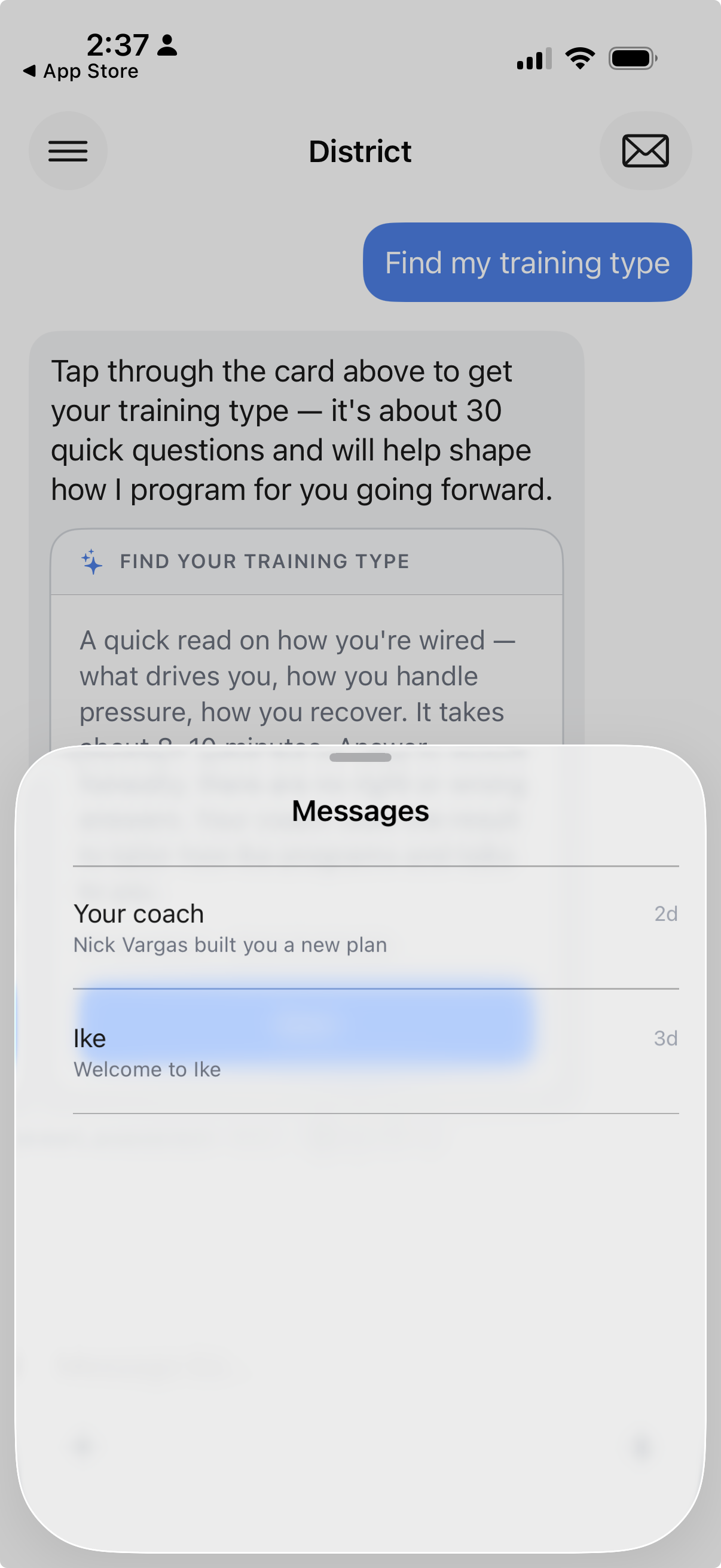 Your inbox — threads with your coach and with Ike