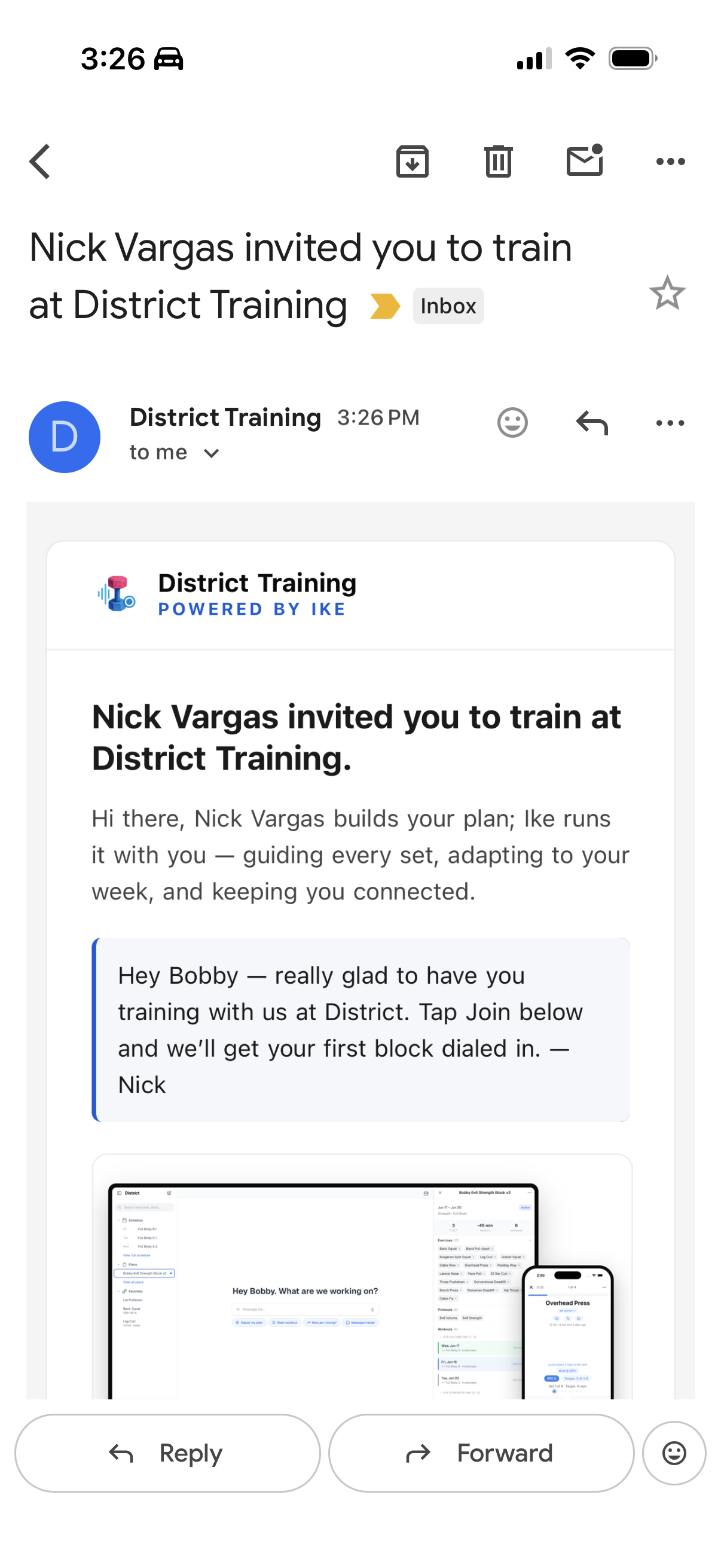 The invite email from your District coach — &ldquo;Nick Vargas invited you to train at District Training&rdquo; — in the Gmail app